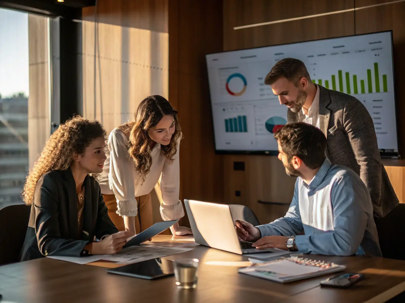 A dynamic image showcasing a law firm team collaborating effectively, with charts and graphs in the background indicating growth and success. The scene should convey a sense of progress and achievement.