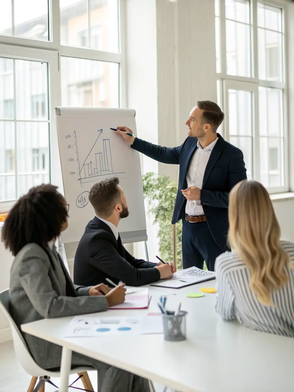 A professional lawyer is presenting a growth strategy to a group of law firm partners in a modern office setting, emphasizing actionable tactics.