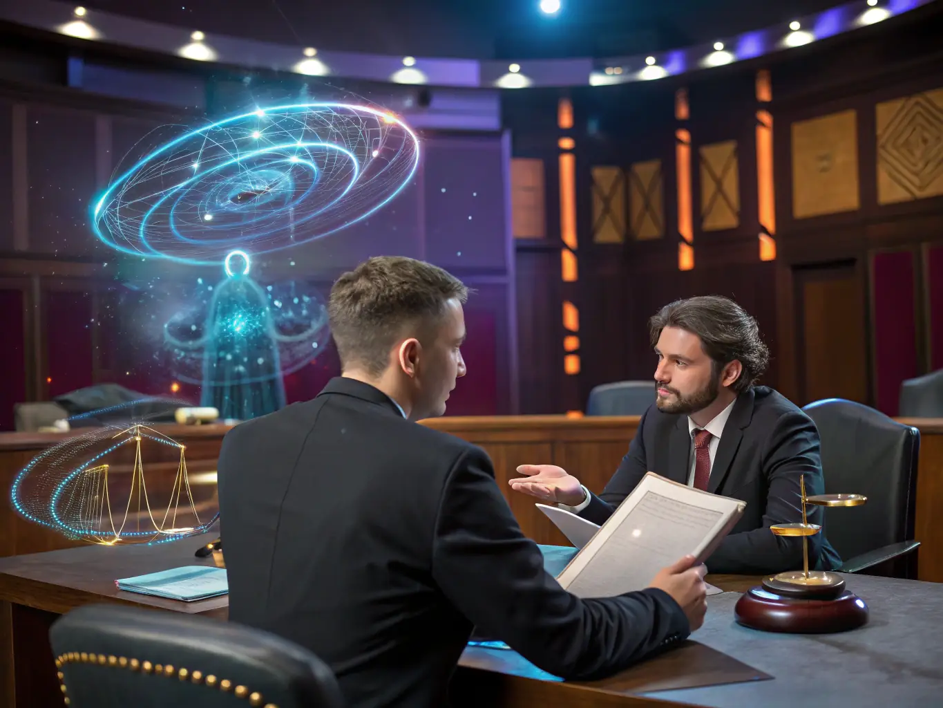 A futuristic image illustrating AI agents and assistants seamlessly integrating into a law firm's workflow, automating tasks and enhancing efficiency. The image should convey innovation and technological advancement.